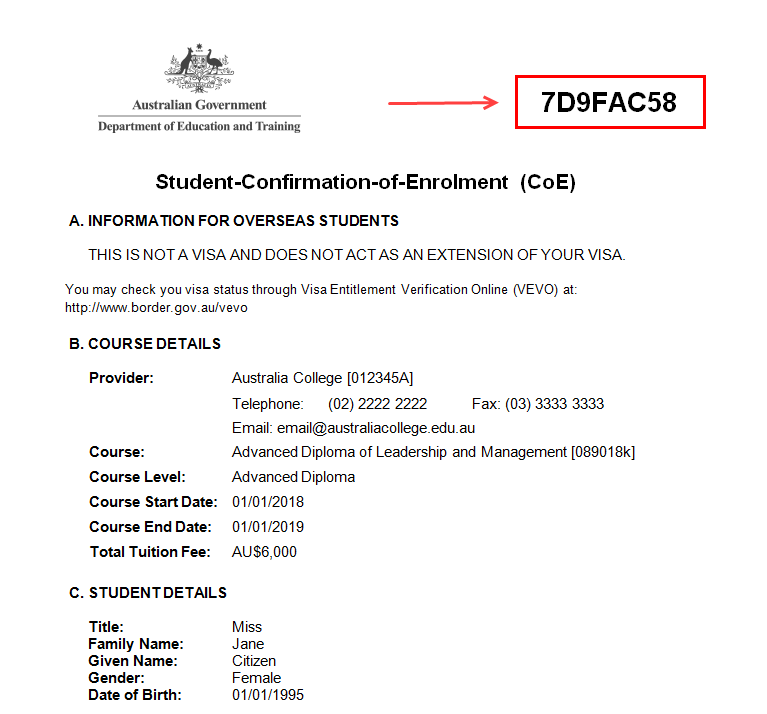 Example of student of confirmation of enrolment Western Australian